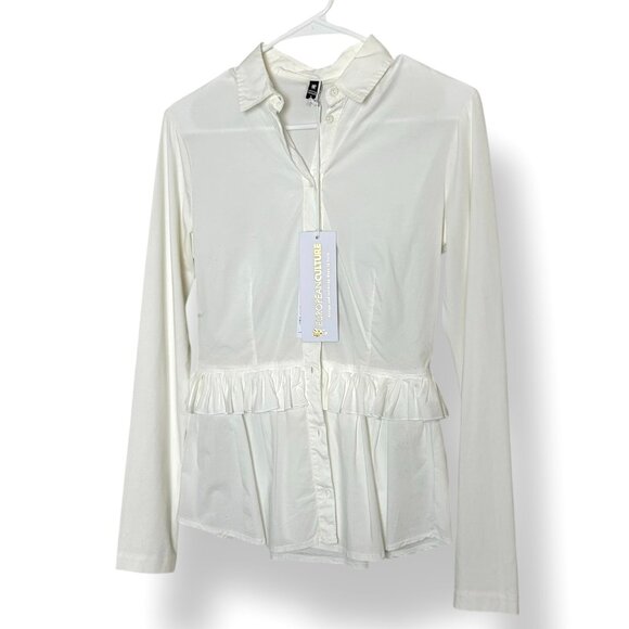 NWT European Culture White Blouse Peplum Ruffle Long Sleeve Button Up Sz S - Picture 1 of 6